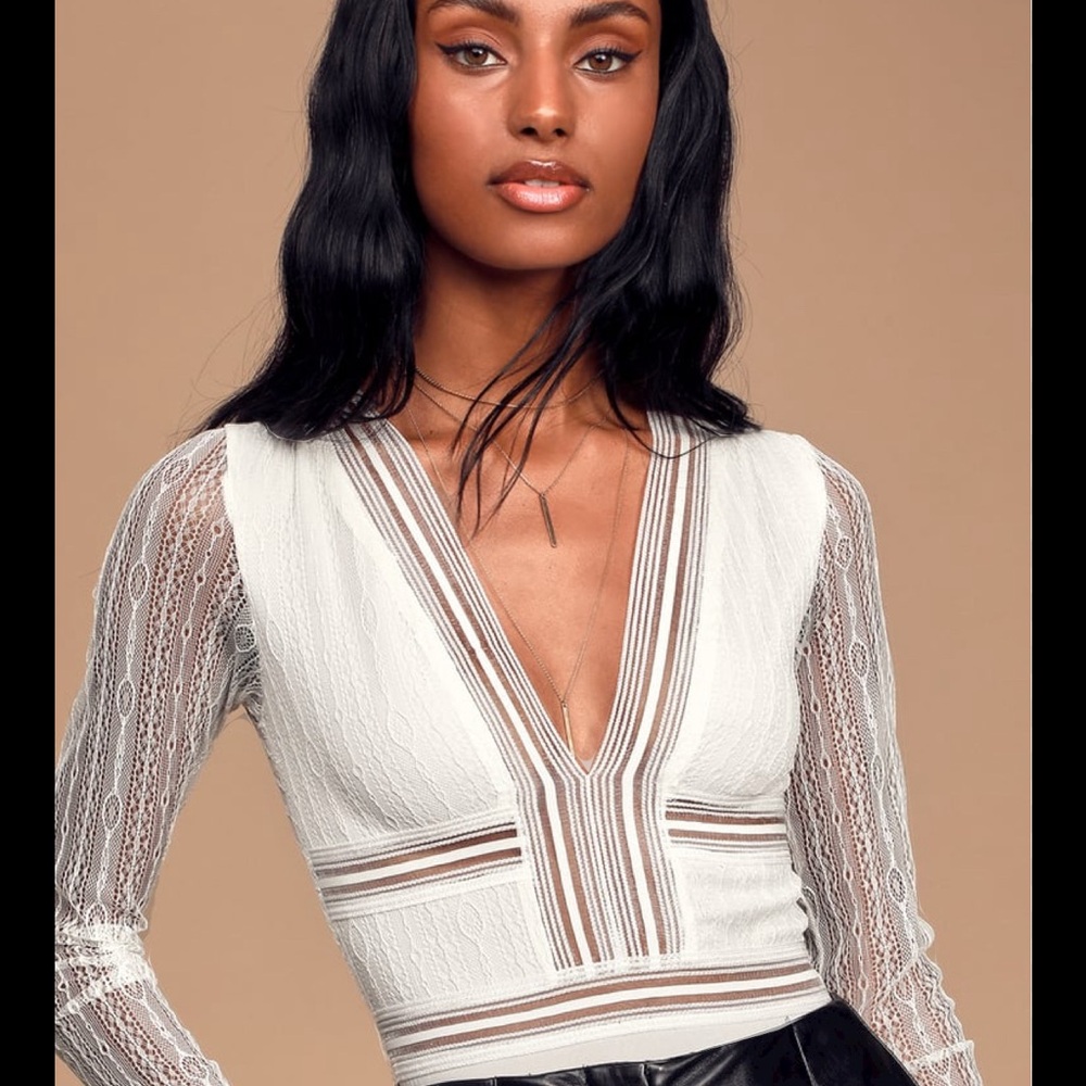 Lulus Casita White Sheer Lace Long Sleeve Bodysuit